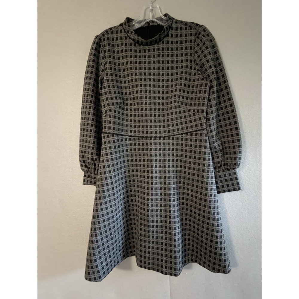 Ann Taylor Dress Womens Petite 8P Black Check Mock Neck Long Sleeve Fit & Flare